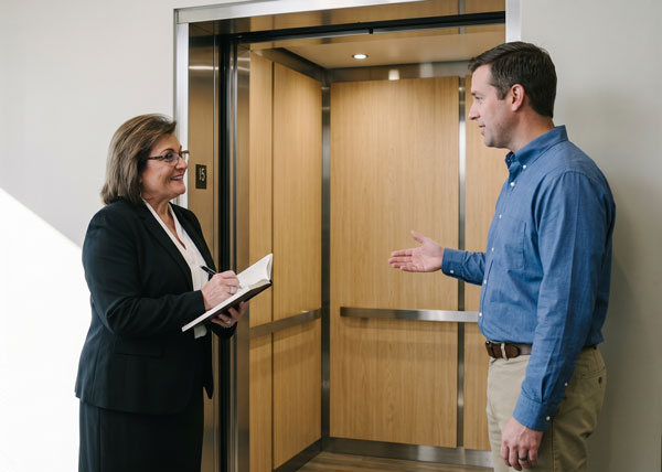 Carol Gray and a client talking near an open elevator